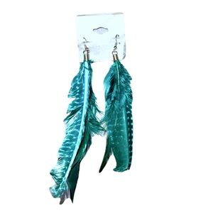 New Pheasant Turquoise Grey Feather Sterling Silver Festival Boho Earrings